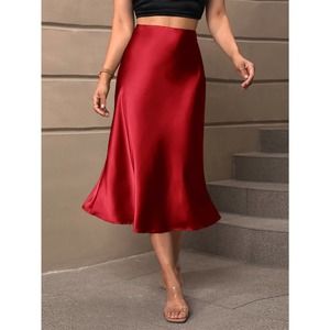 High Waist Satin midi Skirt red